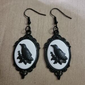 Black Raven Cameo Hook Earrings